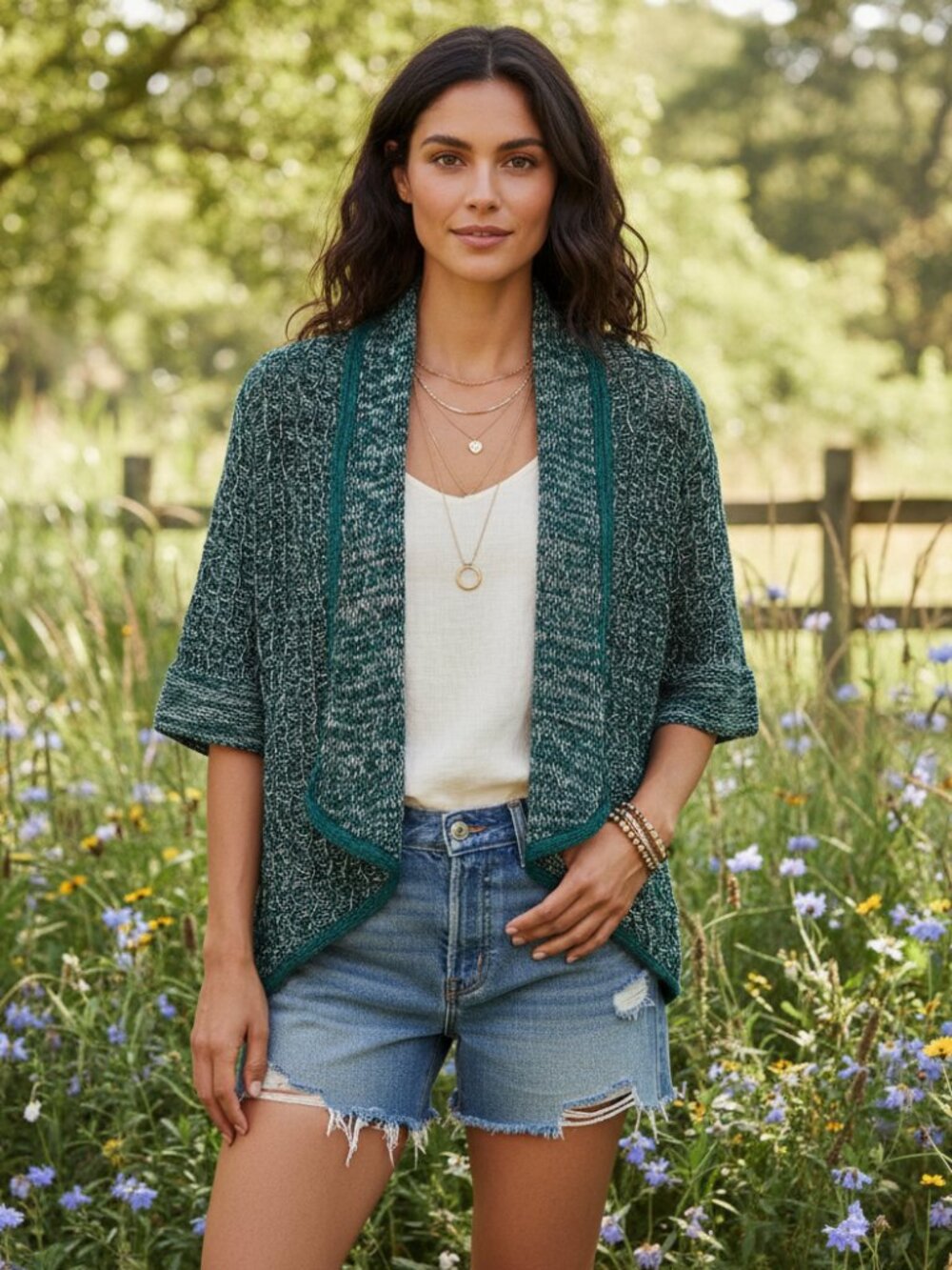 Hannah S Cardigan Sweater Teal Green Black Marled SS Boho Cottage Indie Eclectic
